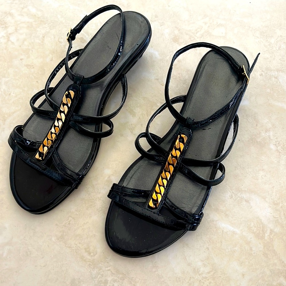 Stuart Weitzman Black and Gold sling back sandals Wedges